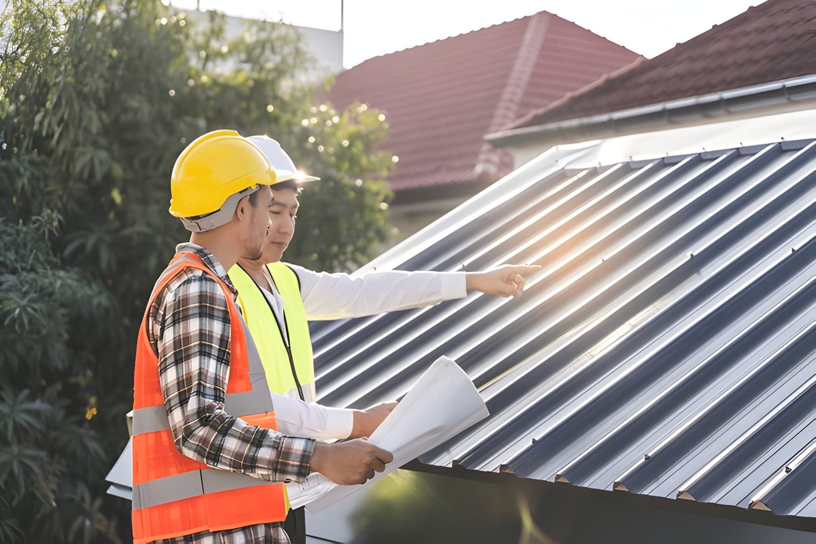 Two professionals in hard hats and safety vests stand on a roof, demonstrating their commitment to roofing services.