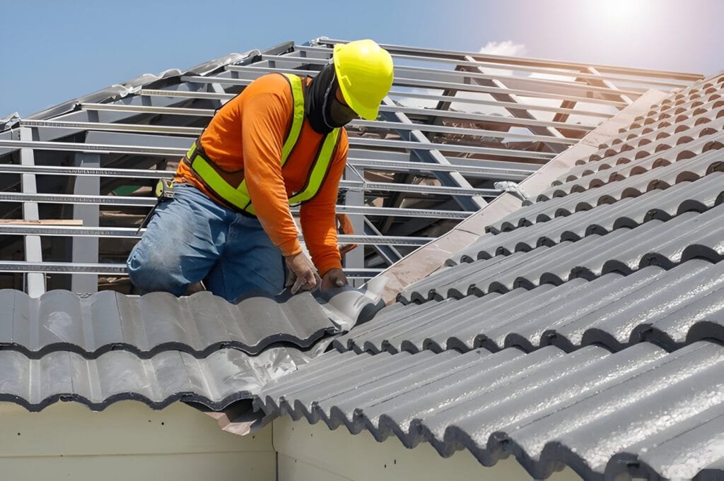 A skilled individual is applying roofing materials with expert roofing technique for durability.